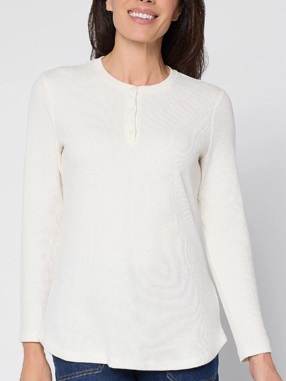Denim & Co. Essentials Waffle Knit Henley Top, Natural Sz S a677464